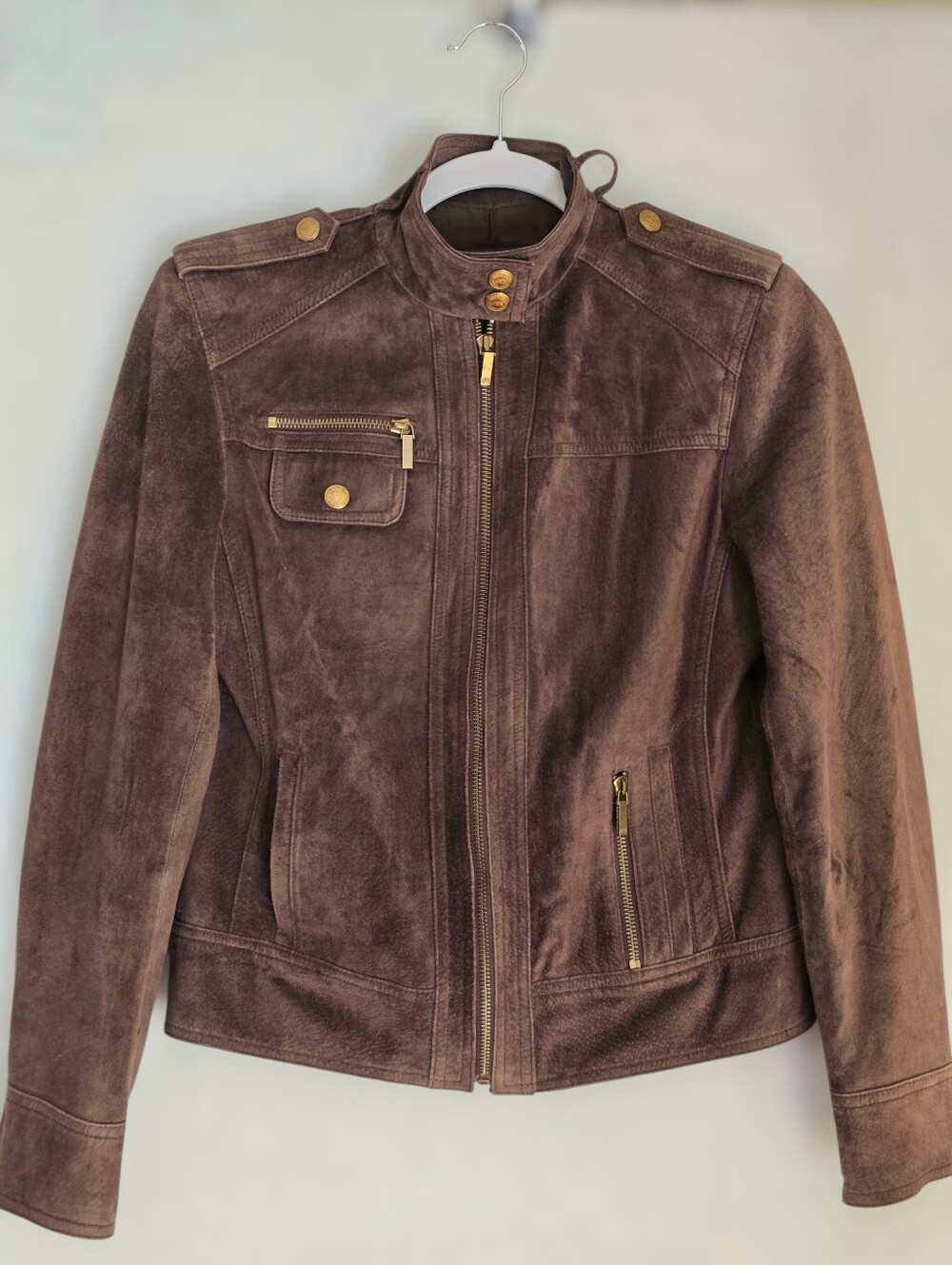 Anne Klein Brown Suede Moto-Style Zip Up Jacket Gold Hardware Sz. Small Petite